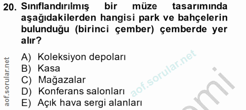 20. soru: Sınıflandırılmış bir müze tasarımında aşağıdakilerden hangisi park ve bahçelerin bulunduğu (birinci çember) çemberde…