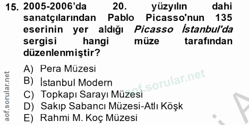 15. soru: 2005-2006'da 20. yüzyılın dahi sanatçılarından Pablo Picasso'nun 135 eserinin yer aldığı Picasso Istanbul'da sergisi…