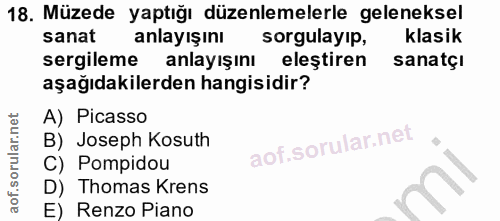18. soru: Müzede yaptığı düzenlemelerle geleneksel sanat anlayışını sorgulayıp, klasik sergileme anlayışını eleştiren sanatçı a…