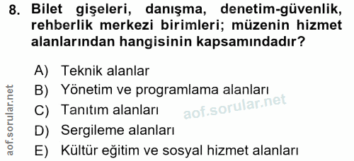 8. soru: Bilet gişeleri, danışma, denetim-güvenlik, rehberlik merkezi birimleri; müzenin hizmet alanlarından hangisinin kapsam…