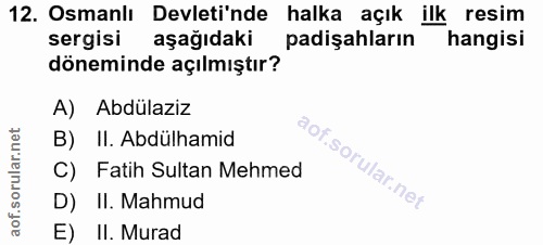 12. soru: Osmanlı Devleti'nde halka açık ilk resim sergisi aşağıdaki padişahların hangisi döneminde açılmıştır? A) Abdülaziz B)…