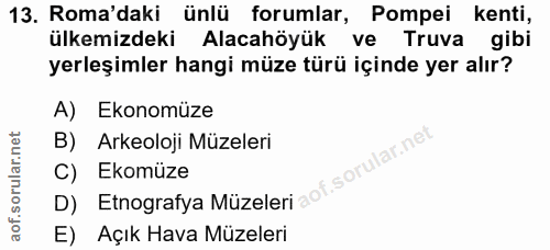 13. soru: Roma'daki ünlü forumlar, Pompei kenti, ülkemizdeki Alacahöyük ve Truva gibi yerleşimler hangi müze türü içinde yer al…