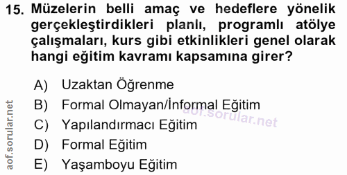 15. soru: Müzelerin belli amaç ve hedeflere yönelik gerçekleştirdikleri planlı, programlı atölye çalışmaları, kurs gibi etkinli…