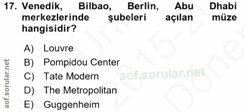 17. soru: Venedik, Bilbao, Berlin, Abu Dhabi merkezlerinde şubeleri açılan müze hangisidir? A) Louvre B) Pompidou Center C) Tat…