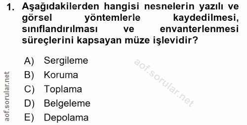 1. soru: Aşağıdakilerden hangisi nesnelerin yazılı ve görsel yöntemlerle kaydedilmesi, sınıflandırılması ve envanterlenmesi sü…