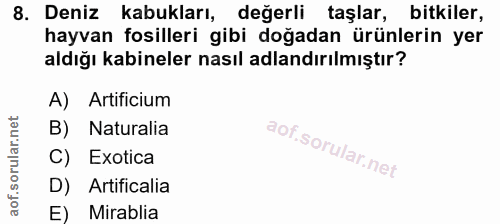 8. soru: Deniz kabukları, değerli taşlar, bitkiler, hayvan fosilleri gibi doğadan ürünlerin yer aldığı kabineler nasıl adlandı…