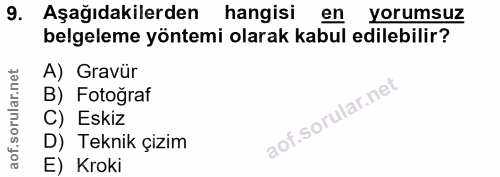 9. soru: Aşağıdakilerden hangisi en yorumsuz belgeleme yöntemi olarak kabul edilebilir? A) Gravür B) Fotoğraf C) Eskiz D) Tekn…