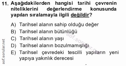11. soru: Aşağıdakilerden hangisi tarihi çevrenin niteliklerini değerlendirme konusunda yapılan sıralamayla ilgili değildir? A)…