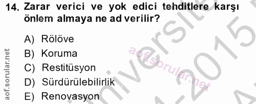 14. soru: Zarar verici ve yok edici tehditlere karşı önlem almaya ne ad verilir? A) Rölöve B) Koruma C) Restitüsyon Boruling D)…