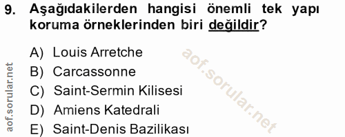 9. soru: Aşağıdakilerden hangisi önemli tek yapı koruma örneklerinden biri değildir? A) Louis Arretche B) Carcassonne C) Saint…
