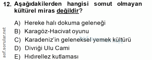 12. soru: Aşağıdakilerden hangisi somut olmayan kültürel miras değildir? A) Hereke halı dokuma geleneği B) Karagöz-Hacivat oyun…