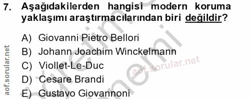 7. soru: Aşağıdakilerden hangisi modern koruma yaklaşımı araştırmacılarından biri değildir? A) Giovanni Pietro Bellori B) Joha…
