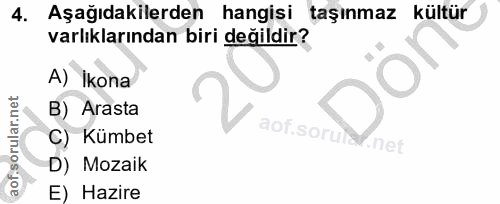 4. soru: Aşağıdakilerden hangisi taşınmaz kültür varlıklarından biri değildir? A) İkona O B) Arasta C) Kümbet aof.sor net D) M…