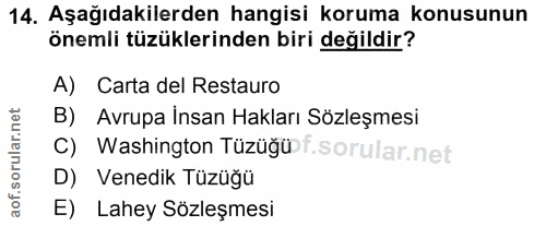 14. soru: Aşağıdakilerden hangisi koruma konusunun önemli tüzüklerinden biri değildir? A) Carta del Restauro B) Avrupa Insan Ha…