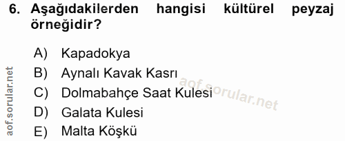 6. soru: Aşağıdakilerden hangisi kültürel peyzaj örneğidir? A) Kapadokya B) Aynalı Kavak Kasrı C) Dolmabahçe Saat Kulesi°rular…