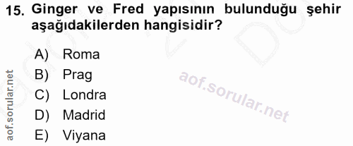 15. soru: Ginger ve Fred yapısının bulunduğu şehir aşağıdakilerden hangisidir? A) Roma B) Prag C) Londra D) Madrid E) Viyana