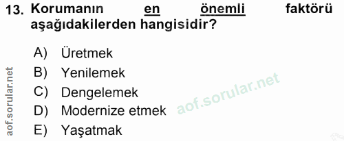 13. soru: Korumanın en önemli faktörü aşağıdakilerden hangisidir? A) Uretmek B) Yenilemek C) Dengelemek D) Modernize etmek E) Y…