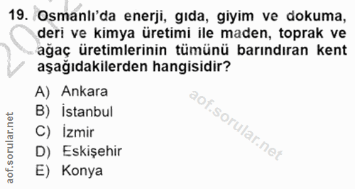 19. soru: Osmanlı'da enerji, gıda, giyim ve dokuma, deri ve kimya üretimi ile maden, toprak ve ağaç üretimlerinin tümünü barınd…