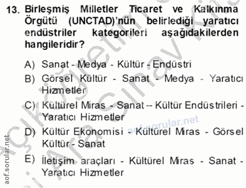 13. soru: Birleşmiş Milletler Ticaret ve Kalkınma Örgütü (UNCTAD)'nün belirlediği yaratıcı endüstriler kategorileri aşağıdakile…