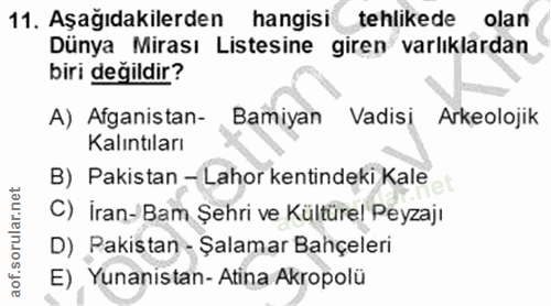 11. soru: Aşağıdakilerden hangisi tehlikede olan Dünya Mirası Listesine giren varlıklardan biri değildir? A) Afganistan- Bamiya…