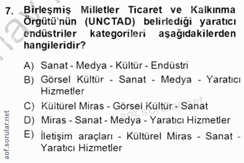 7. soru: Birleşmiş Milletler Ticaret ve Kalkınma Örgütü'nün (UNCTAD) belirlediği yaratıcı endüstriler kategorileri aşağıdakile…
