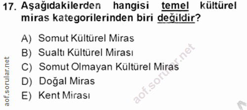 17. soru: Aşağıdakilerden hangisi temel kültürel miras kategorilerinden biri değildir? A) Somut Kültürel Miras B) Sualtı Kültür…