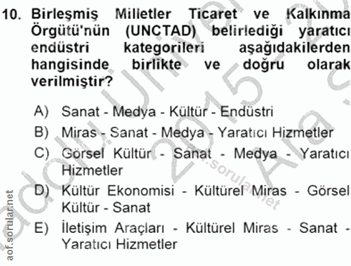 10. soru: Birleşmiş Milletler Ticaret ve Kalkınma Örgütü'nün (UNCTAD) belirlediği yaratıcı endüstri kategorileri aşağıdakilerde…