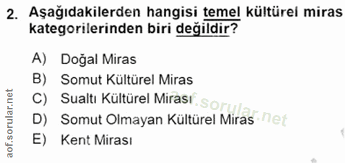 2. soru: Aşağıdakilerden hangisi temel kültürel miras kategorilerinden biri değildir? A) Doğal Miras B) Somut Kültürel Miras C…