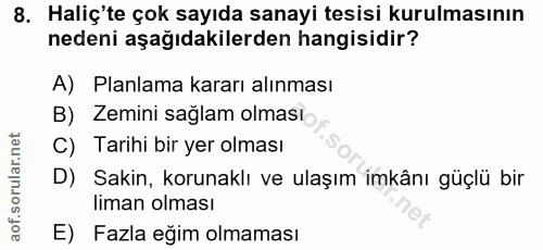 8. soru: Haliç'te çok sayıda sanayi tesisi kurulmasının nedeni aşağıdakilerden hangisidir? A) Planlama kararı alınması B) Zemi…