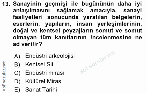 13. soru: Sanayinin geçmişi ile bugününün daha iyi anlaşılmasını sağlamak amacıyla, sanayi faaliyetleri sonucunda yaratılan bel…