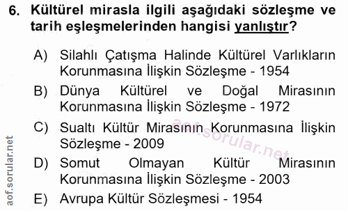 6. soru: Kültürel mirasla ilgili aşağıdaki sözleşme ve tarih eşleşmelerinden hangisi yanlıştır? A) Silahlı Çatışma Halinde Kül…