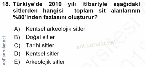 18. soru: Türkiye'de 2010 yılı itibariyle aşağıdaki silerden hangisi toplam sit alanlarının %80'inden fazlasını oluşturur? A) K…