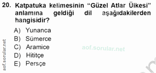 20. soru: Katpatuka kelimesinin "Güzel Atlar Ülkesi" anlamına geldiği dil aşağıdakilerden hangisidir? A) Yunanca B) Sümerce C)…