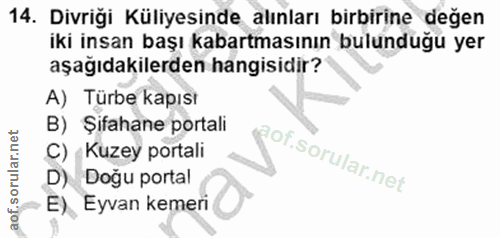 14. soru: Divriği Küliyesinde alınları birbirine değen iki insan başı kabartmasının bulunduğu yer aşağıdakilerden hangisidir? A…