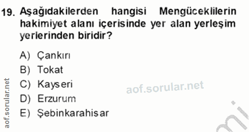 19. soru: Aşağıdakilerden hangisi Mengüceklilerin hakimiyet alanı içerisinde yer alan yerleşim yerierinden biridir? A) Çankırı…