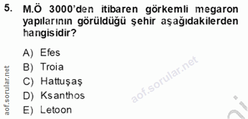 5. soru: M.Ö 3000'den itibaren görkemli megaron yapılarının görüldüğü şehir aşağıdakilerden hangisidir? A) Efes B) Troia ar C)…