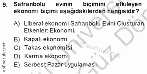 9. soru: Safranbolu evinin biç imini etkileyen ekonomi biçimi aşağıdakilerden hangisidir? A) Liberal ekonomi Safranbolu Evini…