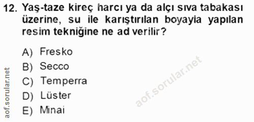 12. soru: Yaş-taze kireç harcı ya da alçı sıva tabakası üzerine, su ile karıştırılan boyayia yapılan resim teknigine ne ad veri…