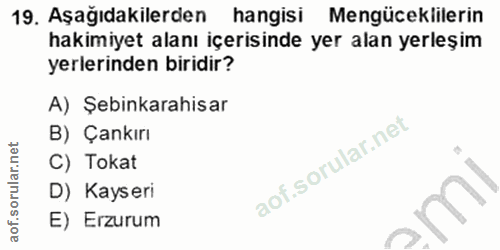 19. soru: Aşağıdakilerden hangisi Mengüceklilerin hakimiyet alanı içerisinde yer alan yerleşim yerlerinden biridir? A) Şebinkar…