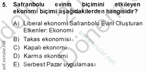 5. soru: Safranbolu evinin biçimini etkileyen ekonomi biçimi aşağıdakilerden hangisidir? A) Liberal ekonomi Safranbolü Evini O…