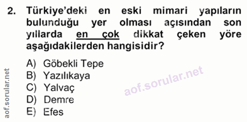 2. soru: Türkiye'deki en eski mimari yapıların bulunduğu yer olması açısından son yıllarda en cok dikkat çeken yöre aşağıdakil…