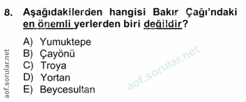 8. soru: Aşağıdakilerden hangisi Bakır Çağı'ndaki en önemli yerlerden biri değildir? A) Yumuktepe net B) Çayönü ar. C) Troya o…