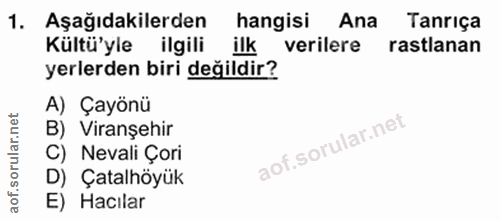 1. soru: Aşağıdakilerden hangisi Ana Tanrıça Kültü'yle ilgili ilk verilere rastlanan yerlerden biri değildir? A) Çayönü B) Vir…