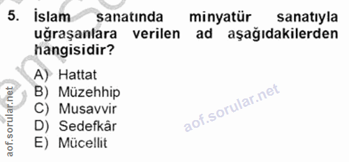 5. soru: İslam sanatinda minyatür sanatıyla uğraşanlara verilen ad aşağıdakilerden hangisidir? A) Hattat B) Müzehhip rular.n C…