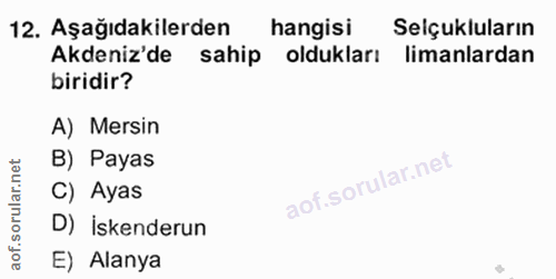 12. soru: Aşağıdakilerden hangisi Selçukluların Akdeniz'de • sahip oldukları limanlardan biridir? A) Mersin B) Payas C) Ayas D)…