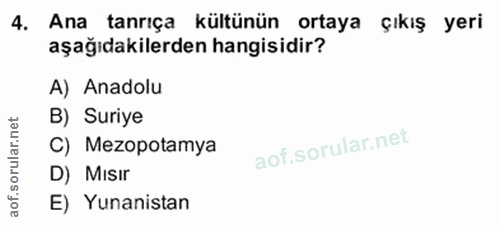 4. soru: Ana tanrıça kültünün ortaya çıkış yeri aşağıdakilerden hangisidir? A) Anadolu ar.net B) Suriye C) Mezopotamya oru D)…