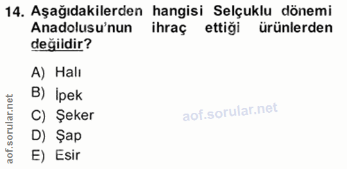 14. soru: Aşağıdakilerden hangisi Selçuklu dönemi Anadolusu'nun ihraç ettiği ürünlerden değildir? A) Halı B) Ipek corlilar nai…