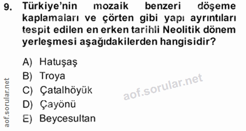 9. soru: Türkiye'nin mozaik benzeri döşeme kaplamaları ve çörten gibi yapı ayrıntıları tespit edilen en erken tarihli Neolitik…