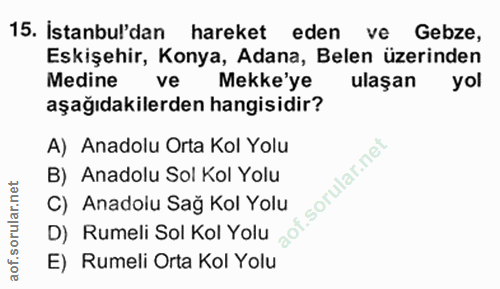15. soru: İstanbul'dan hareket eden ve Gebze, Eskişehir, Konya, Adana, Belen üzerinden Medine ve Mekke'ye ulaşan yol aşağıdakil…