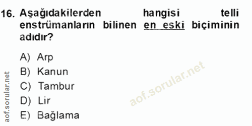 16. soru: Aşağıdakilerden hangisi telli enstrümanların bilinen en eski biçiminin adıdır? A) Arp B) Kanun orular.net C) Tambur D…